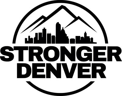 Image of Denver skyline with "Stronger Denver" text overlaid