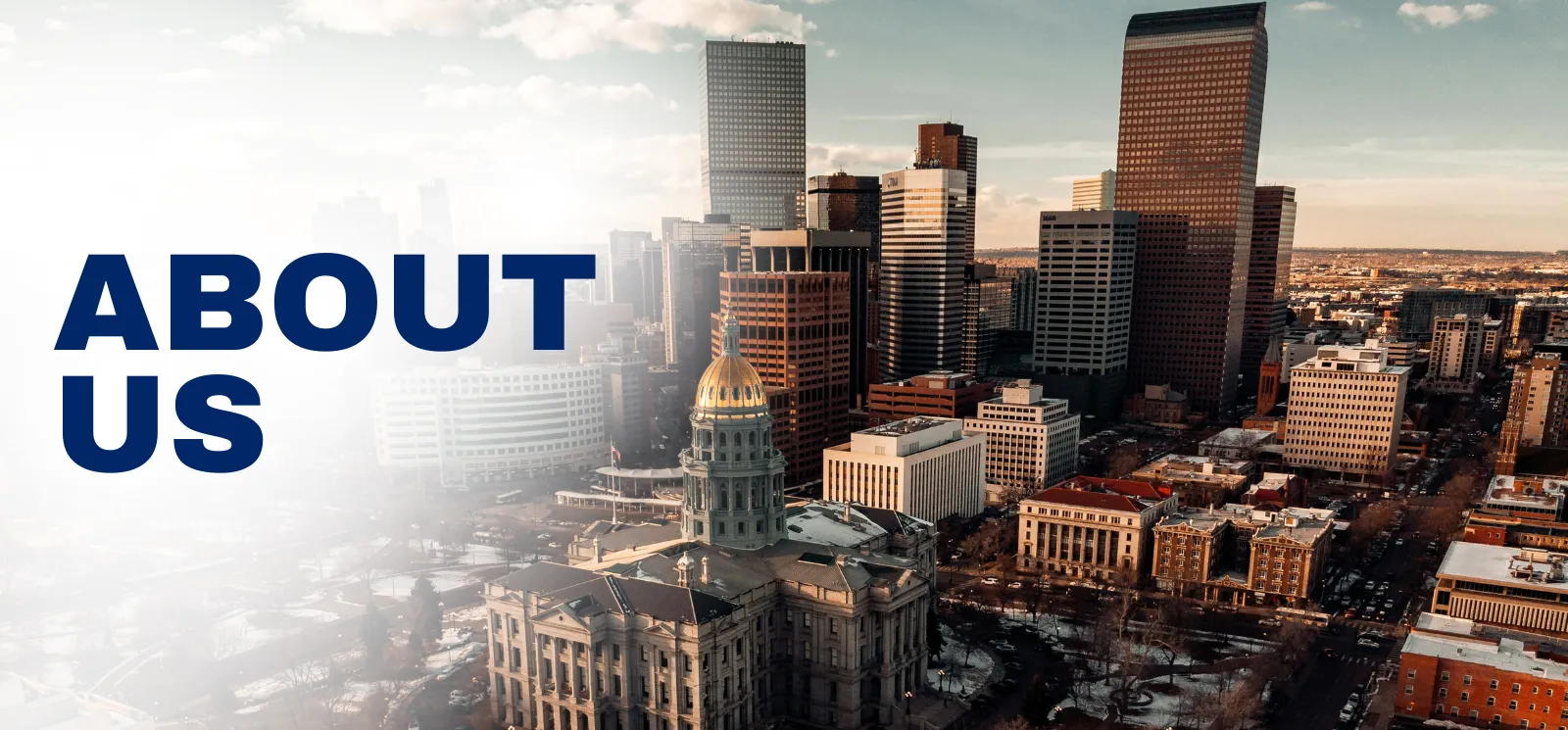 "About Us" superimposed over the Denver skyline