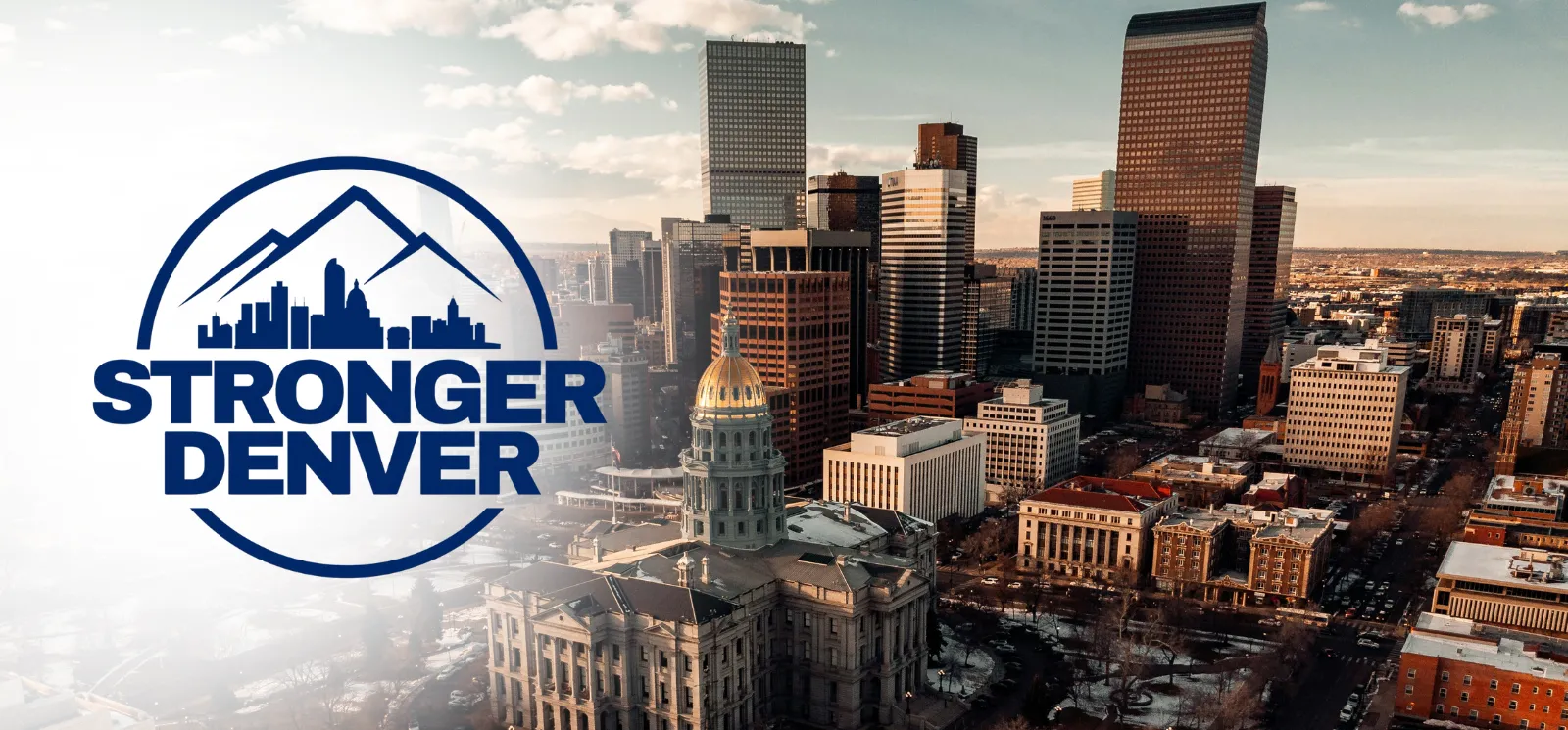 Stronger Denver logo superimposed over the Denver skyline