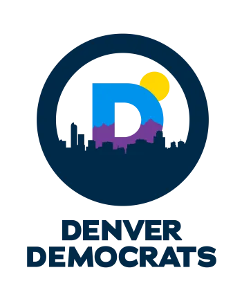 Logo for Democratic Party of Denver, a sun and a D rising above an outline of Denver